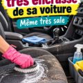 Femme en train de nettoyer l'intérieur de sa voiture avec un aspirateur et des produits d'entretien. Nettoyage intérieur auto.
