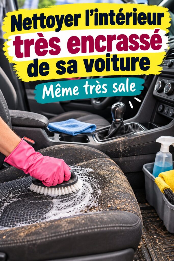 Femme en train de nettoyer l'intérieur de sa voiture avec un aspirateur et des produits d'entretien. Nettoyage intérieur auto.