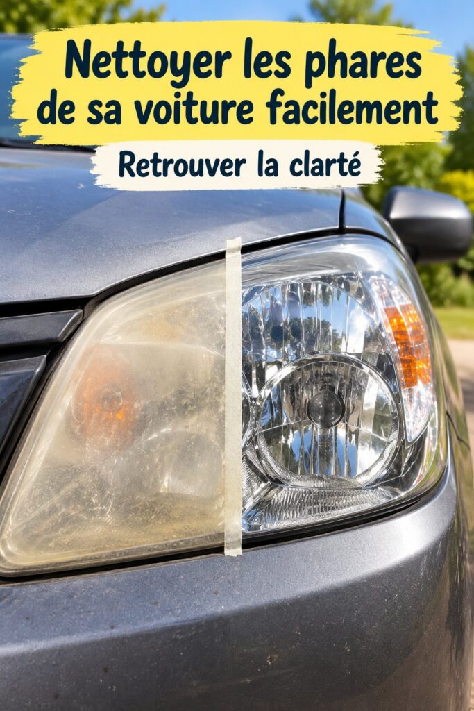 Femme nettoyant des phares de voiture avec un produit spécial