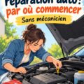 Femme regardant sous le capot d'une voiture, prête pour sa première réparation auto.