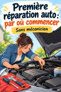 Femme regardant sous le capot d'une voiture, prête pour sa première réparation auto.