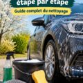 Une femme nettoyant sa voiture au printemps