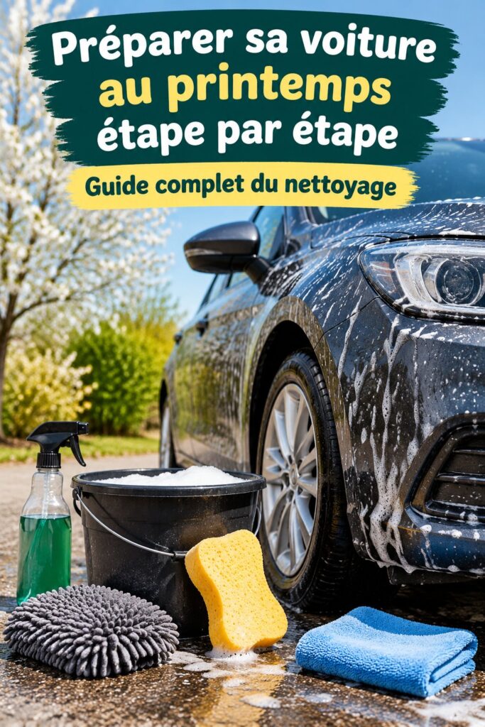 Une femme nettoyant sa voiture au printemps