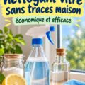 Un flacon de nettoyant pour vitres fait maison sur une surface en bois.