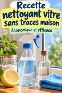Un flacon de nettoyant pour vitres fait maison sur une surface en bois.