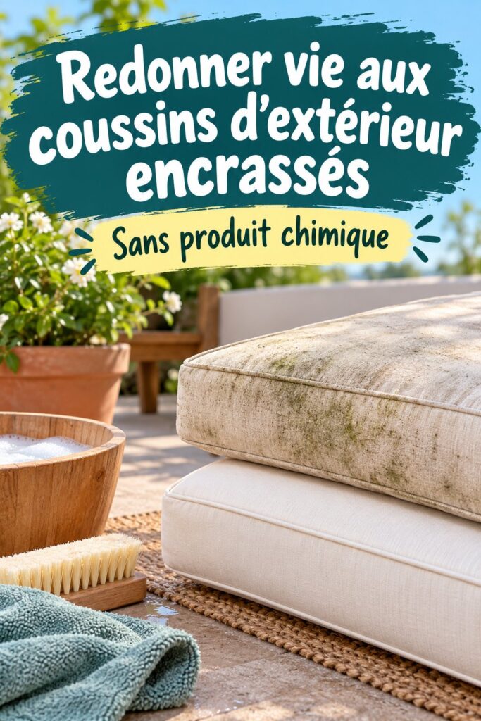 Coussins d'extérieur propres et colorés sur une terrasse ensoleillée.