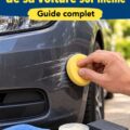 Une femme utilisant un kit de réparation pour effacer les rayures de sa voiture.