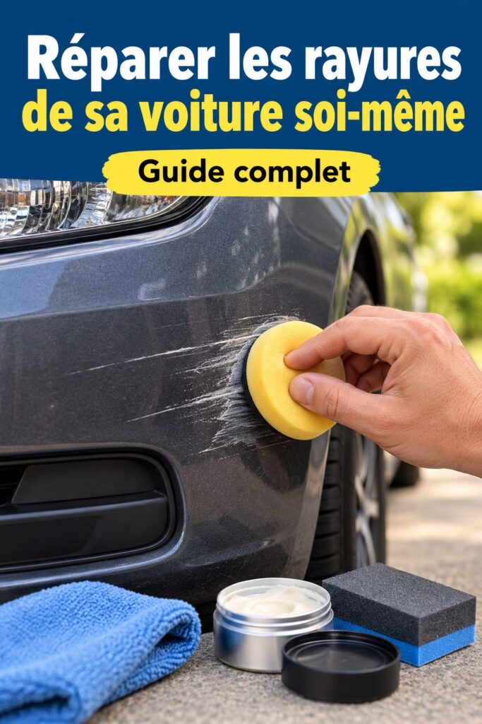 Une femme utilisant un kit de réparation pour effacer les rayures de sa voiture.