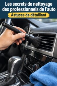 Une femme nettoyant l'intérieur de sa voiture avec un aspirateur et des produits de nettoyage.