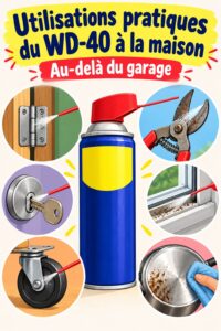 Bouteille de WD-40 utilisée pour le nettoyage à la maison, montrant ses diverses applications